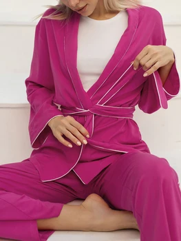 Linad Повседневная женская домашняя одежда, комплекты из 2 предметов, пижамы с длинным рукавом, пояса, Женские брючные костюмы 2023, осенние пижамы, однотонные